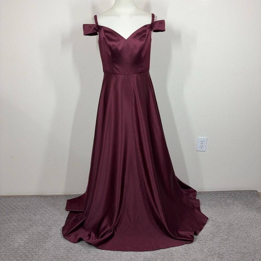 DB Studio Dress Womens 6 Wine Satin Off Shoulder A Line Maxi Pockets Formal Gown